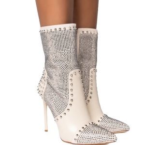Azalea Wang Bone Vegan Leather Crystal Embellished Spike Pointed Toe Boots